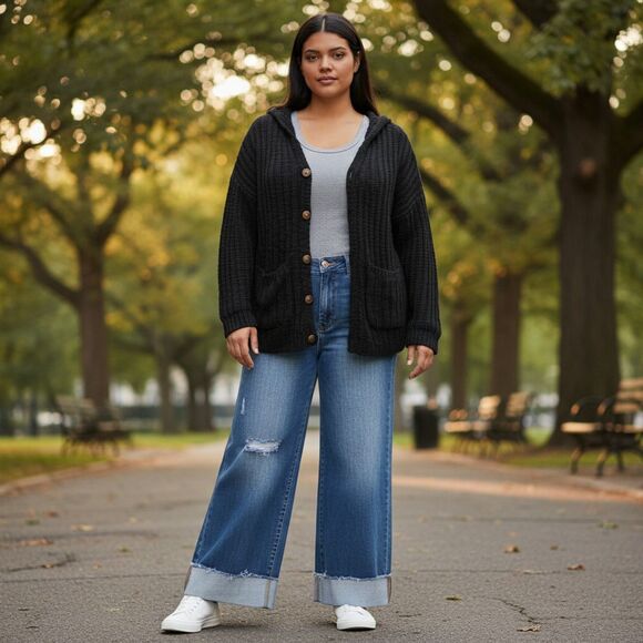 ANDREE By Unit Loose Weave Button Front Hooded Cardigan, NWT! Size 2X - Picture 4 of 8